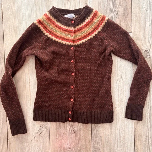 Vintage 100% Lambs Wool Eagles Eye Brown Patterned Cardigan Sweater Small - Picture 1 of 8